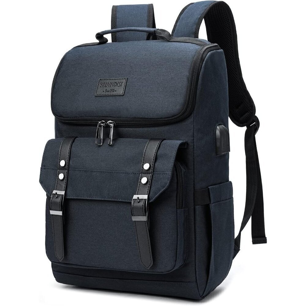 YALUNDISI Vintage Backpack Travel navy blue Laptop bag with USB Charging Port.